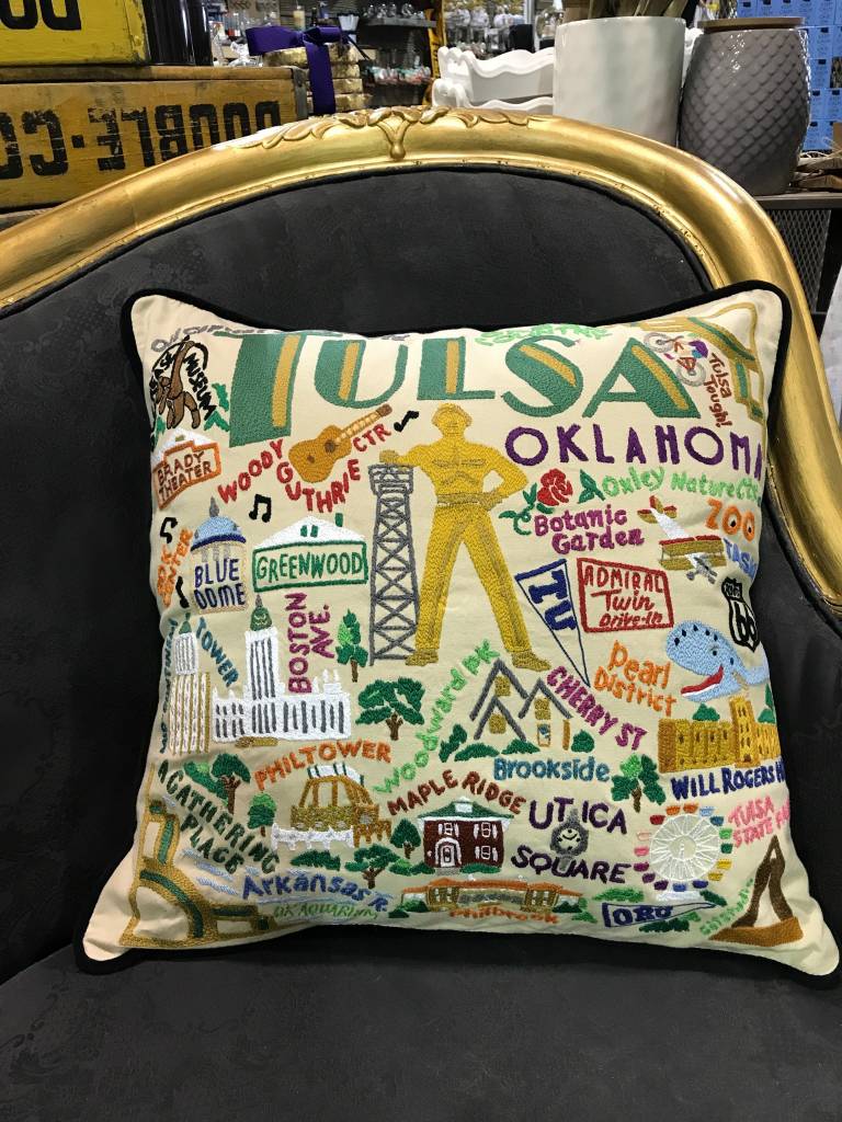 Close up pic of hand embroidered Tulsa Pillow