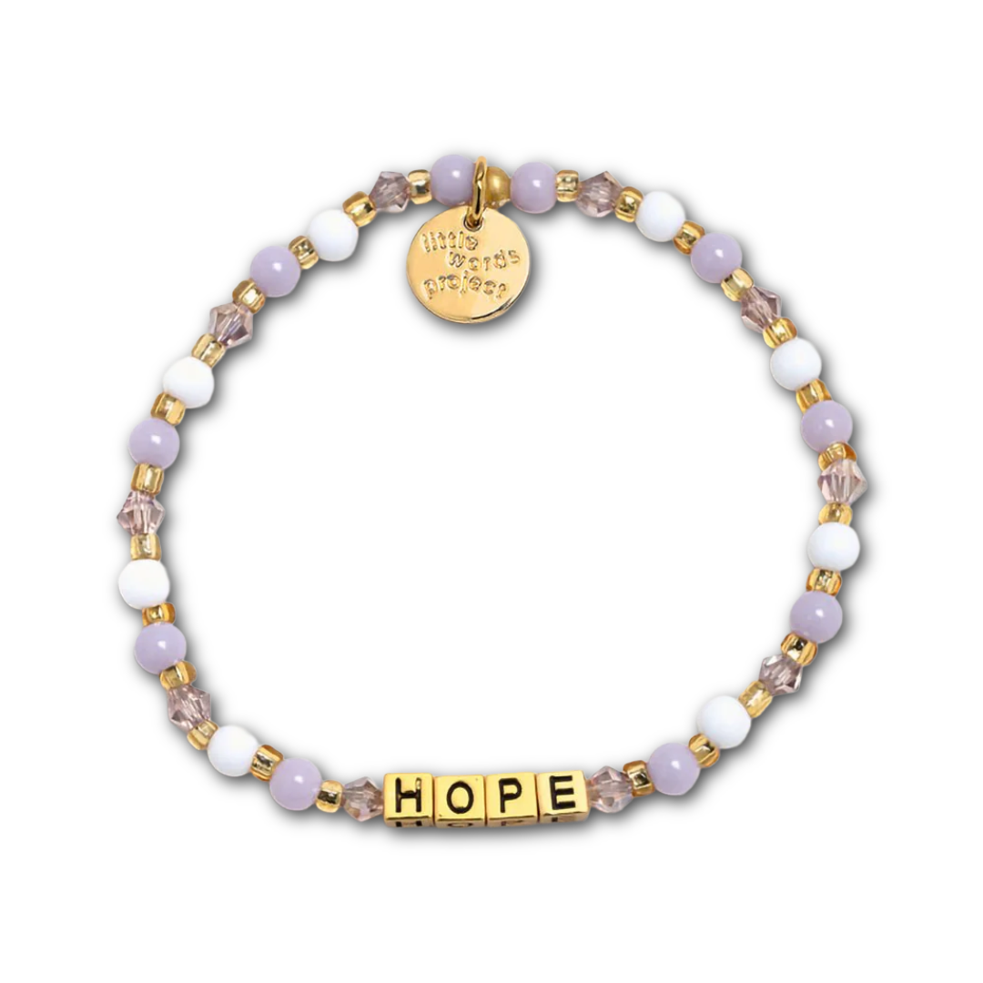 Bracelet with lilac and white beads and gold letter beads spelling out "HOPE".