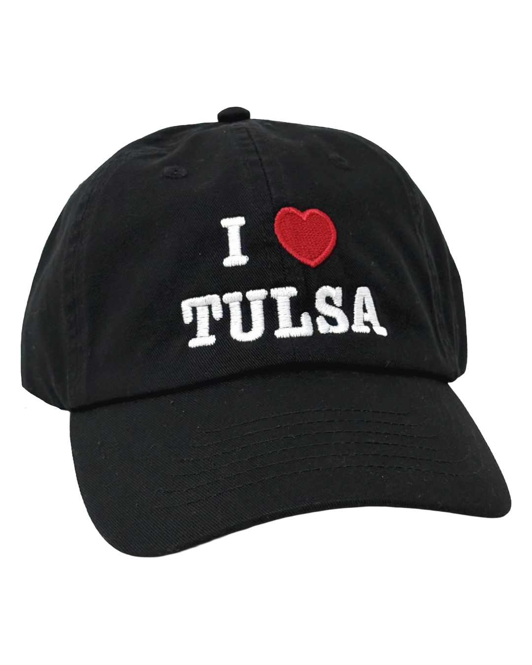 A black baseball cap, with the words "I ❤️ TULSA" embroidered on the front, against a white background.
