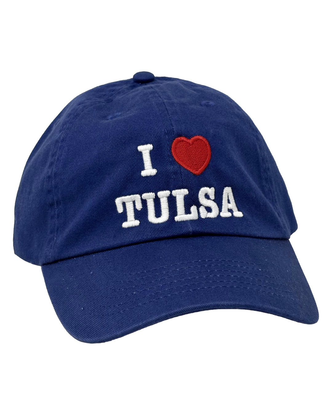 A blue baseball cap, with the words "I ❤️ TULSA" embroidered on the front, against a white background.