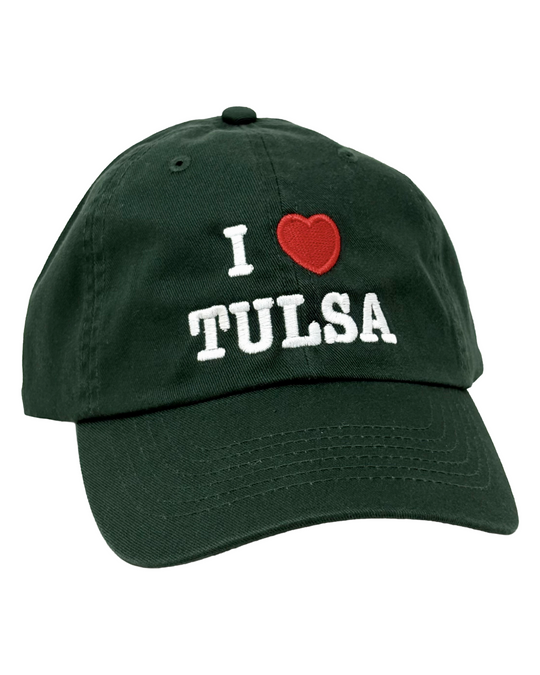 A green baseball cap, with the words "I ❤️ TULSA" embroidered on the front, against a white background.