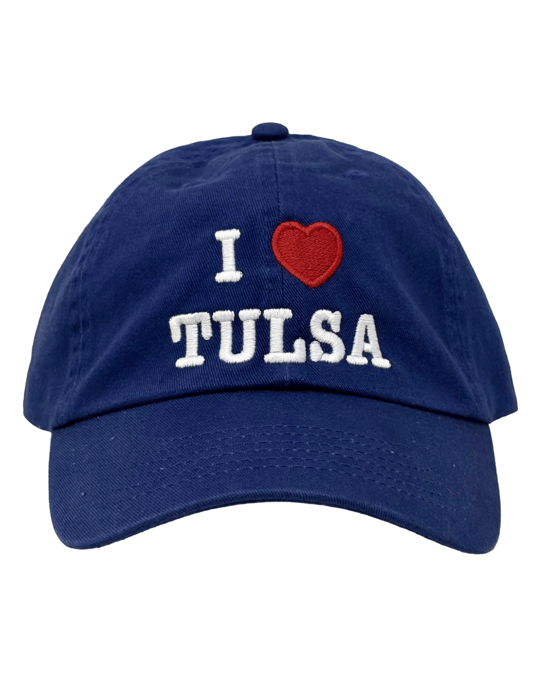 A blue baseball cap, with the words "I ❤️ TULSA" embroidered on the front, against a white background.
