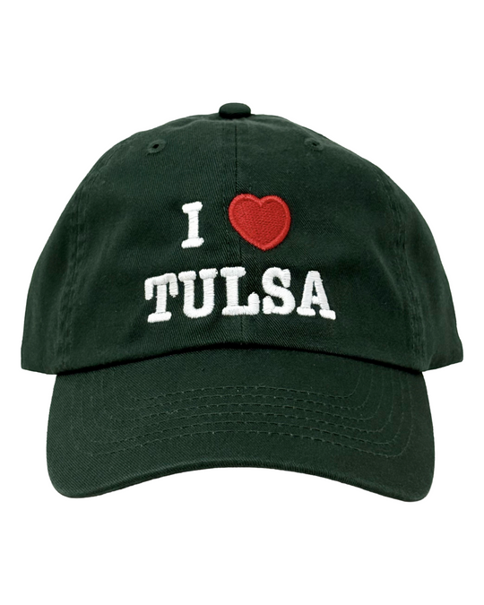 A green baseball cap, with the words "I ❤️ TULSA" embroidered on the front, against a white background.