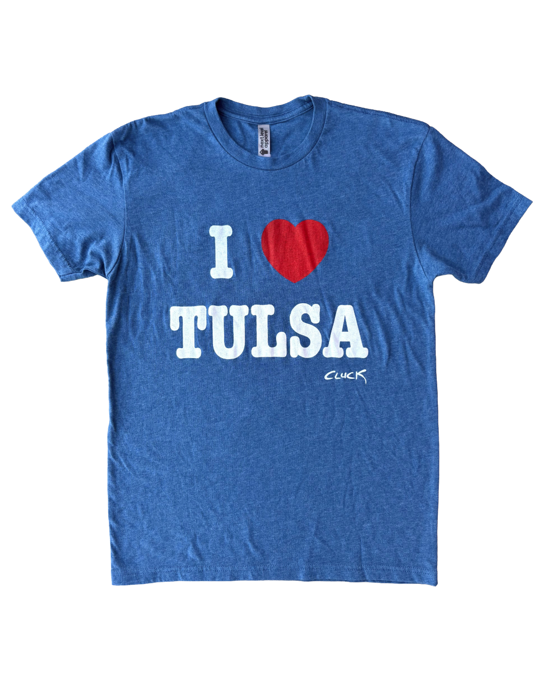 A blue shirt with the text "I ❤️ TULSA" lays flat on a white background.
