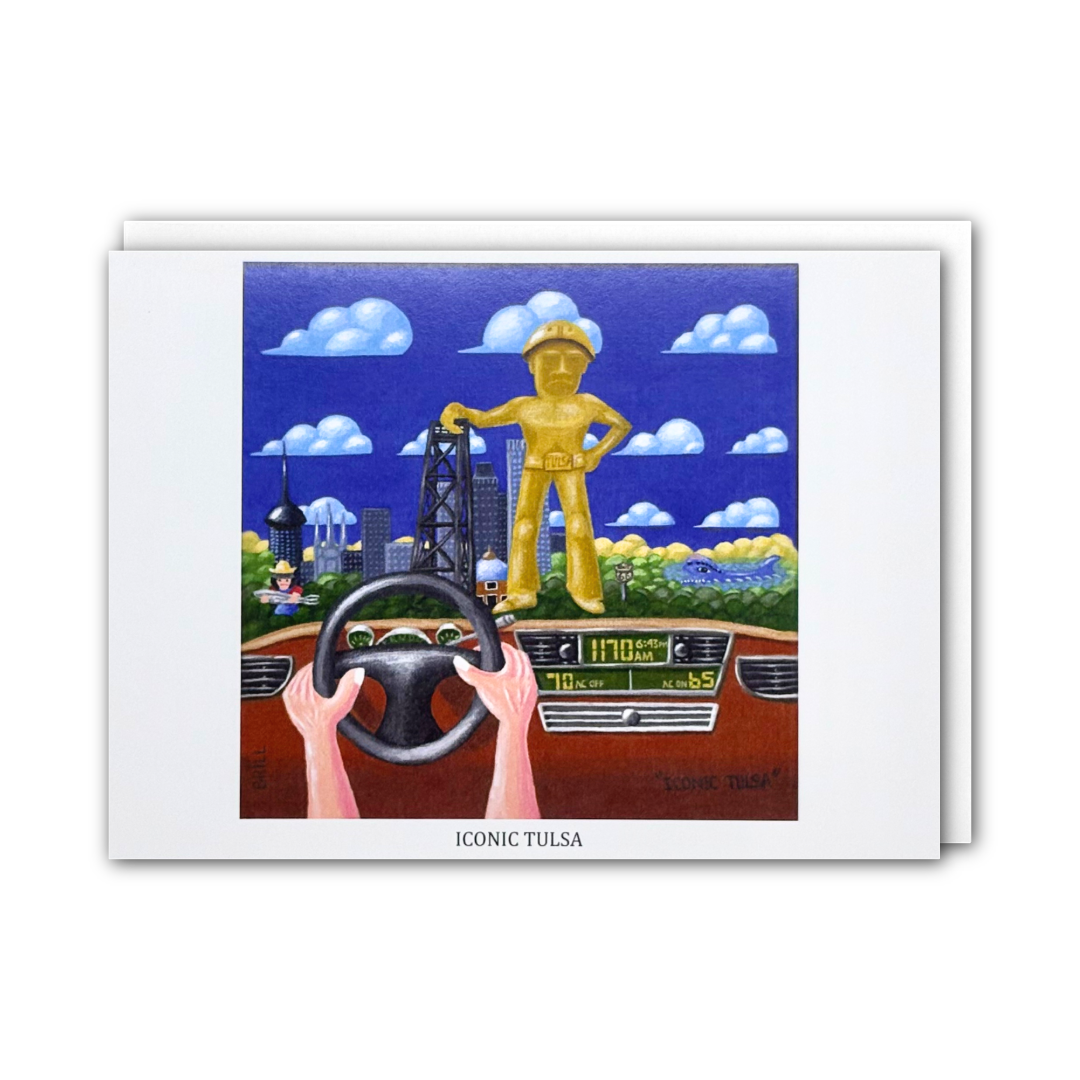 A printed art card shown against a white background. The artwork depicts the Golden Driller statue framed by a with a blue sky, clouds, city skyline, and a steering wheel in the foreground.