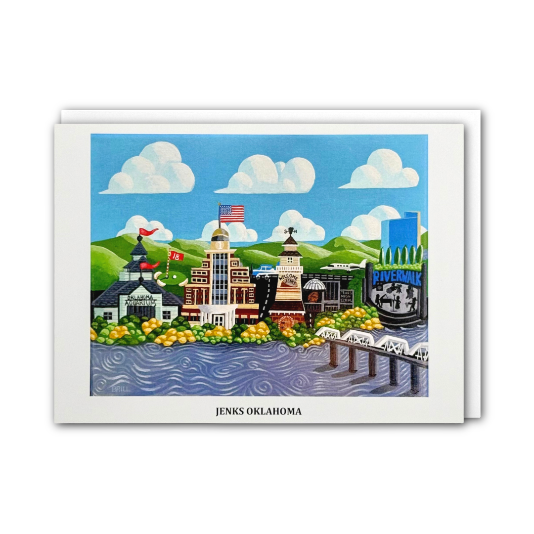 A printed art card featuring a colorful illustrated skyline of Jenks, Oklahoma, with buildings, flags, flowers, water, and a pier, shown against a plain white background with a white envelope partially visible behind it.