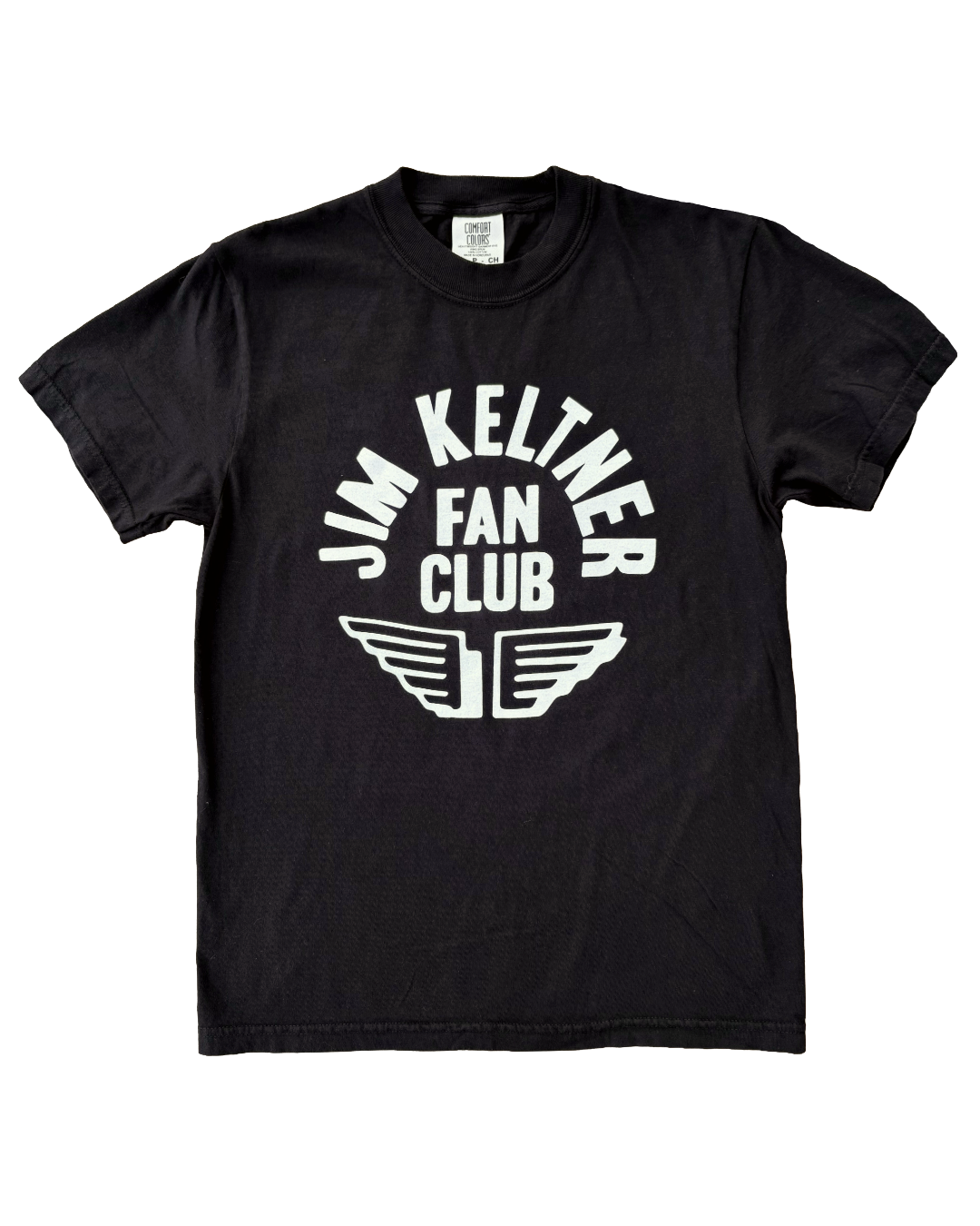 Black t-shirt with 'Jim Keltner Fan Club' text and logo on a white background