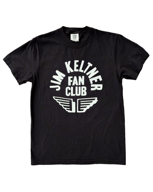 Black t-shirt with 'Jim Keltner Fan Club' text and logo on a white background