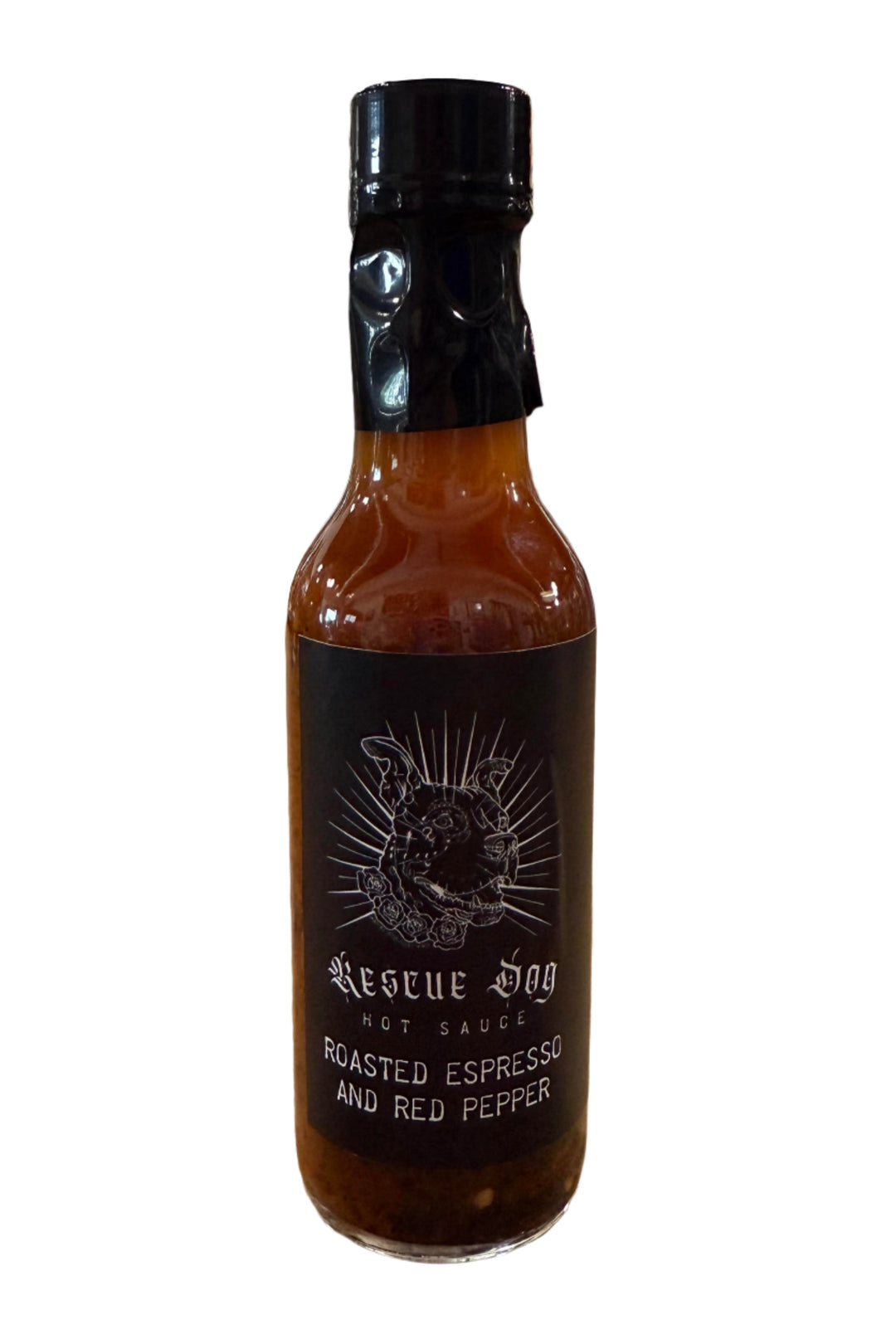 Bottle of Jitter Juice Espresso Hot Sauce by Rescue Dog Hot Sauce, made in Oklahoma