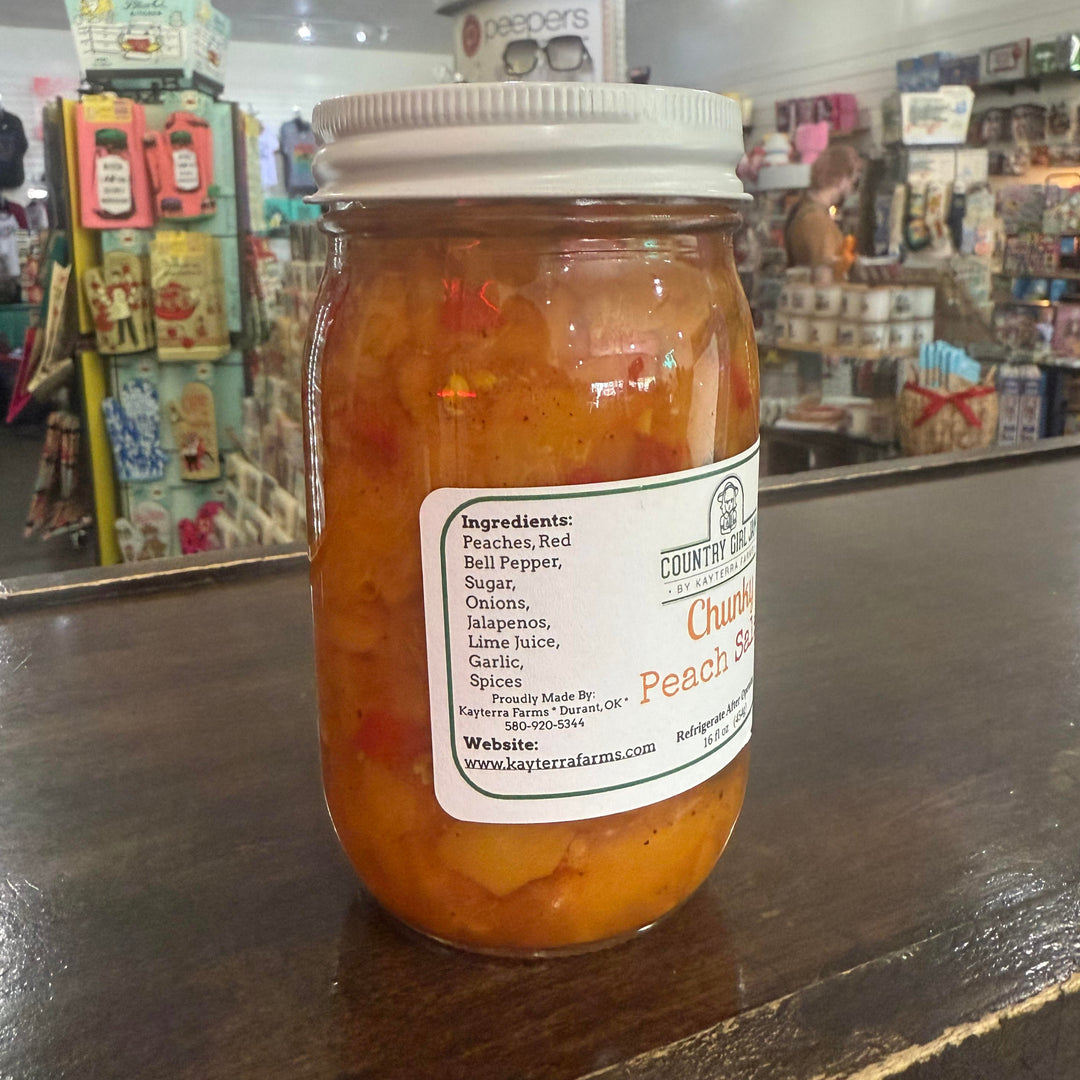 Kayterra Farms chunky peach salsa featuring locally made Oklahoma ingredients – small batch and giftable