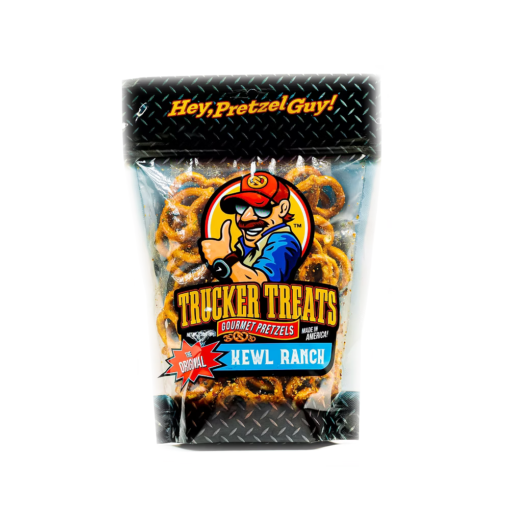 8oz bag of Trucker Treats Pretzels, ranch-flavored snack from Oklahoma