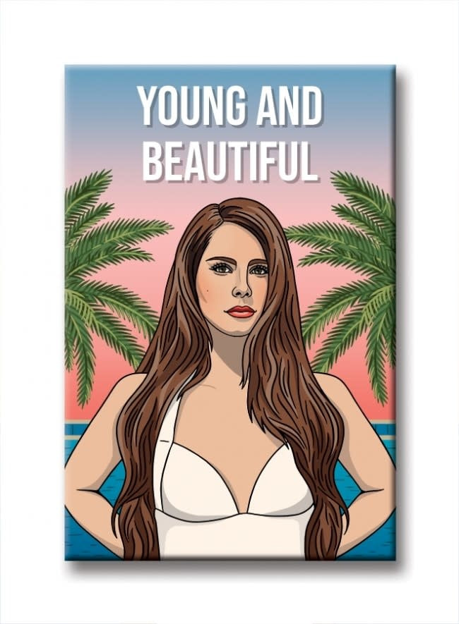 2x3 magnet with a hand-drawn illustration of Lana Del Rey inspired by her Young and Beautiful era