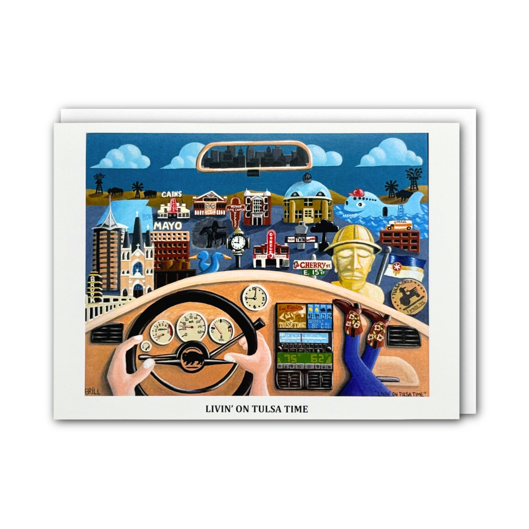A card featuring a colorful illustrated scene with a bus interior, steering wheel, landmarks, and hands at the wheel. The print has a white border and the text 'LIVIN' ON TULSA TIME' at the bottom, shown against a light gray background.