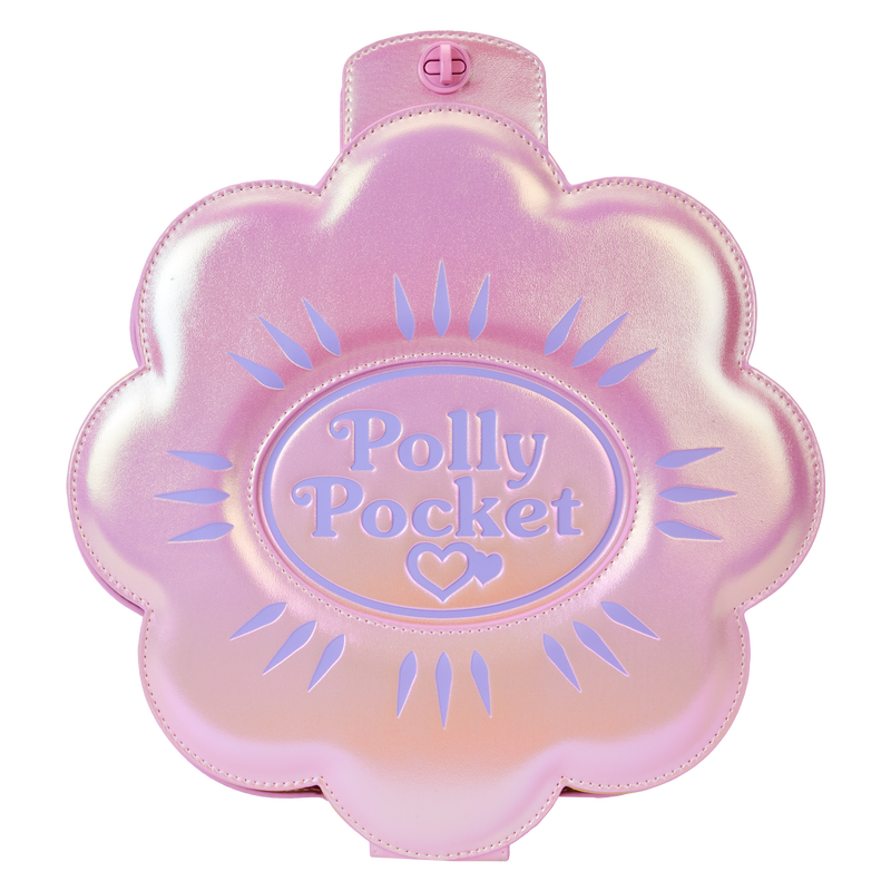 Front view of Loungefly Polly Pocket flower-shaped mini backpack with iridescent details and compact design