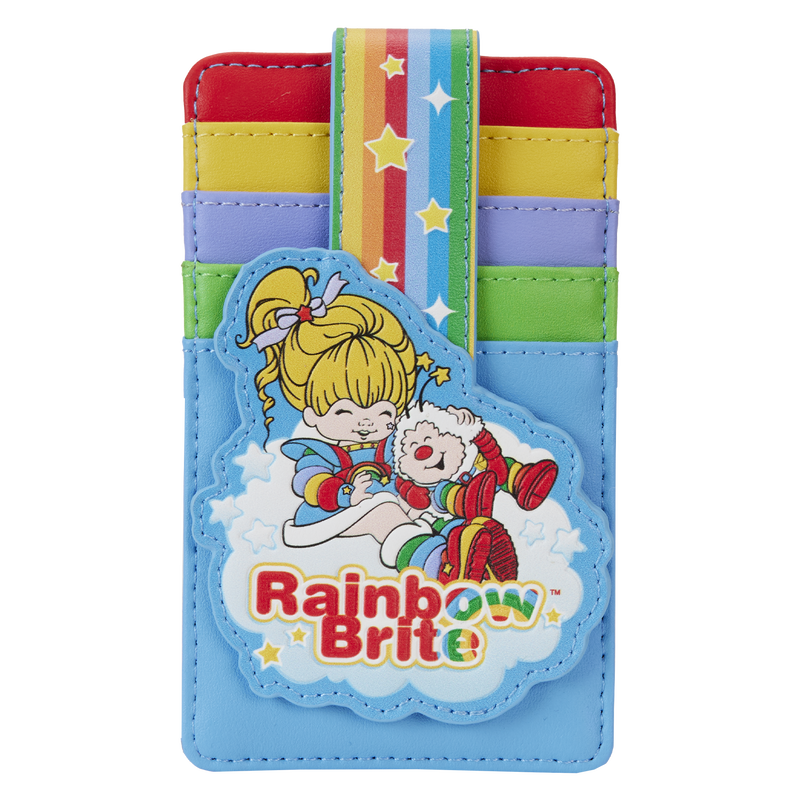 Front of Loungefly Rainbow Brite cardholder showing Rainbow Brite and Twink on a cloud with logo