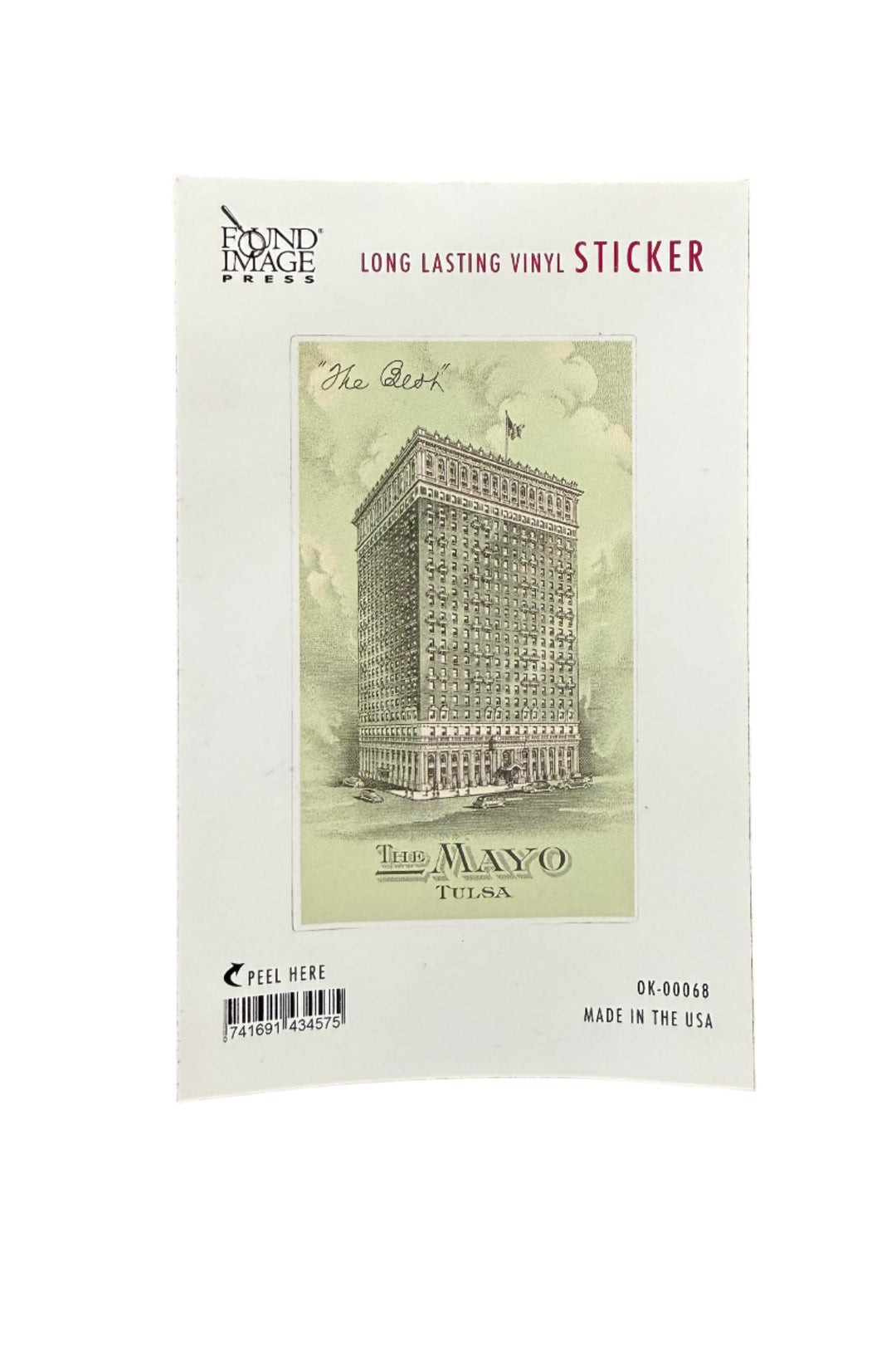 Sticker featuring a vintage illustration of the Mayo Hotel with a light green background and “The Mayo Hotel” text