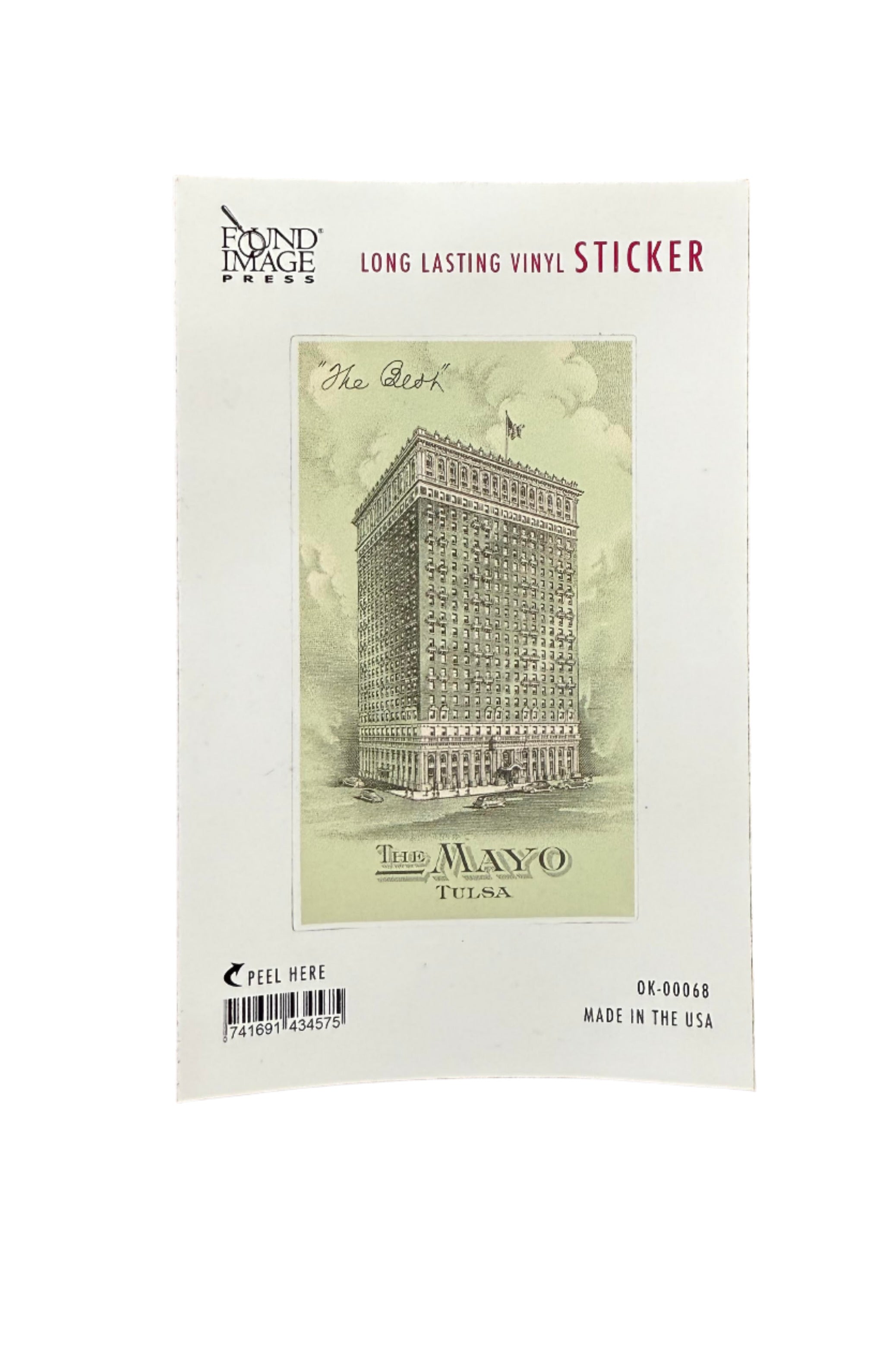 Sticker featuring a vintage illustration of the Mayo Hotel with a light green background and “The Mayo Hotel” text
