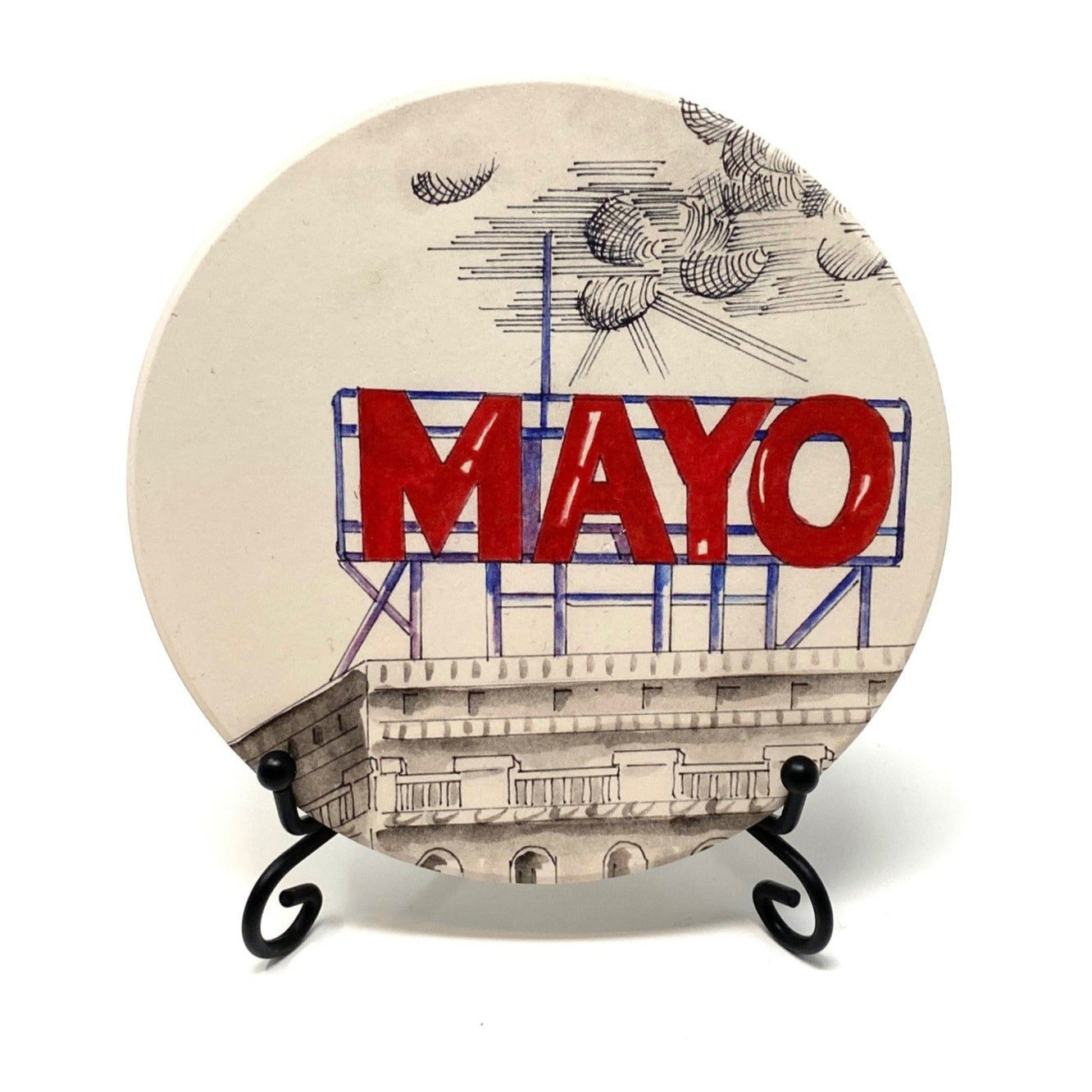 Hand-drawn Waterstone coaster with full-color illustration of the Mayo Hotel in downtown Tulsa, Oklahoma