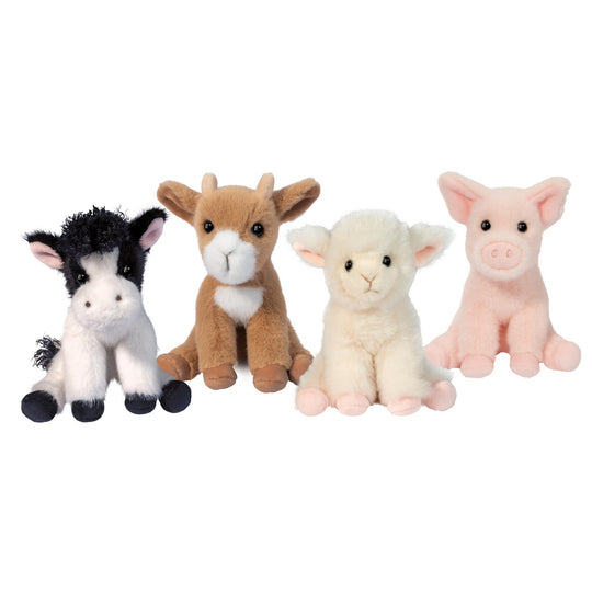 Small sitting farm animal plush toys in a mini barnyard collection