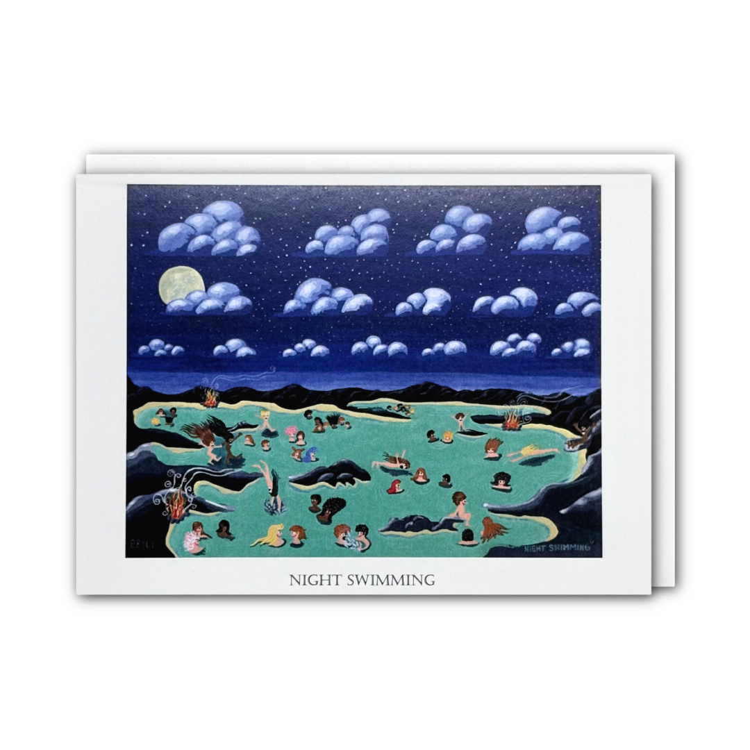 A card titled 'NIGHT SWIMMING' showing a whimsical illustrated night scene with swimmers in turquoise pools under a starry blue sky with clouds and a full moon, photographed against a light gray background.