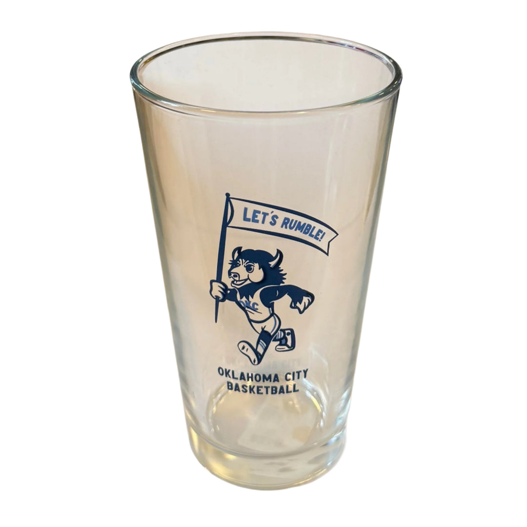 Throwback OKC Thunder pint glass featuring mascot Rumble – Oklahoma basketball fan merchandise
