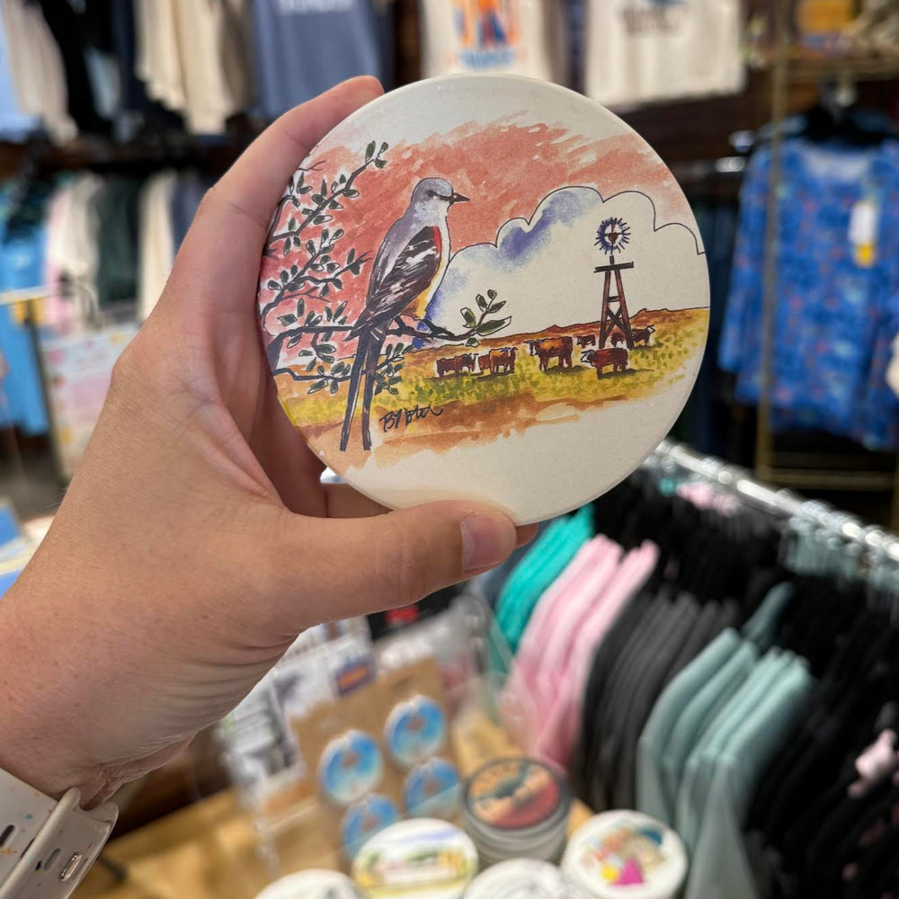 Oklahoma-themed coaster with artwork of Scissortail Flycatcher, the official state bird