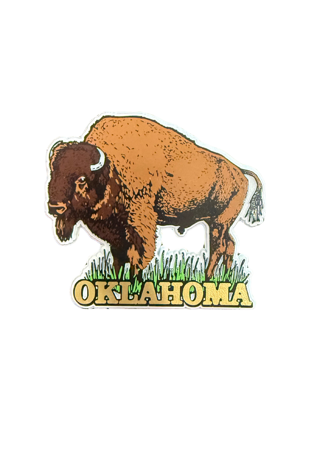 Oklahoma magnet shaped like a buffalo standing on green grass with state name