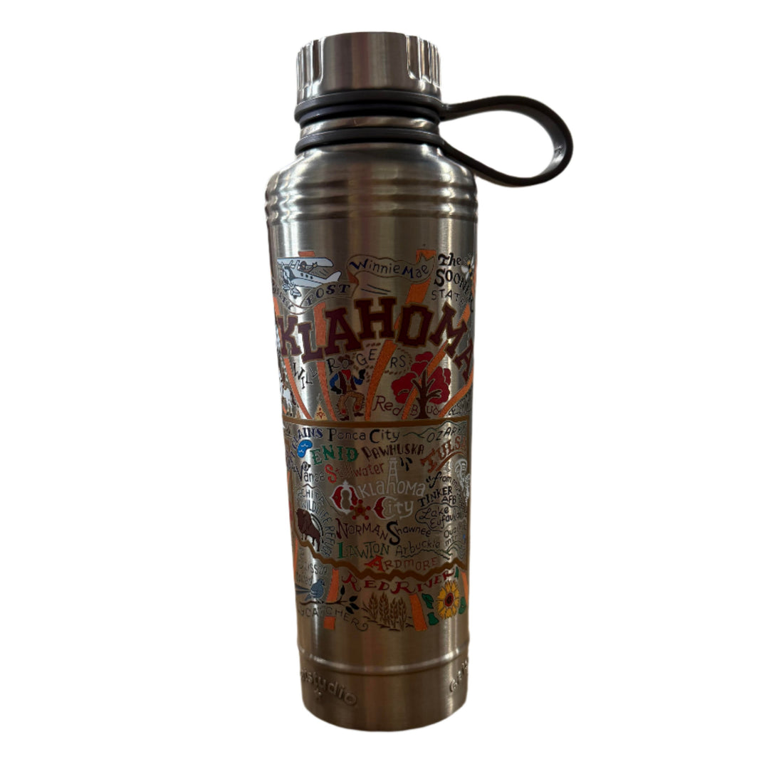 Thermal water bottle featuring colorful Oklahoma artwork by CatStudio – perfect travel or gift item