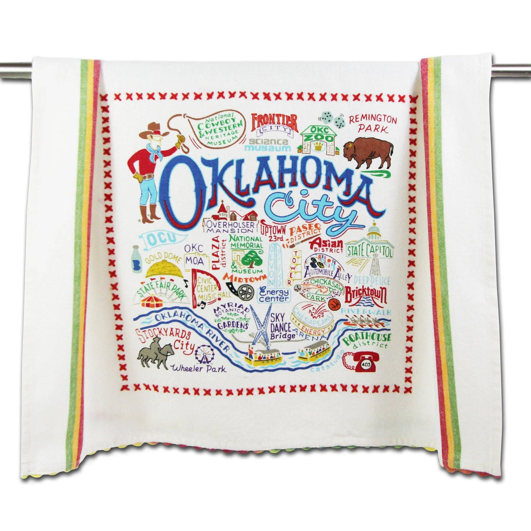 Hand-embroidered Oklahoma City towel with colorful silk-screened design on 100% cotton