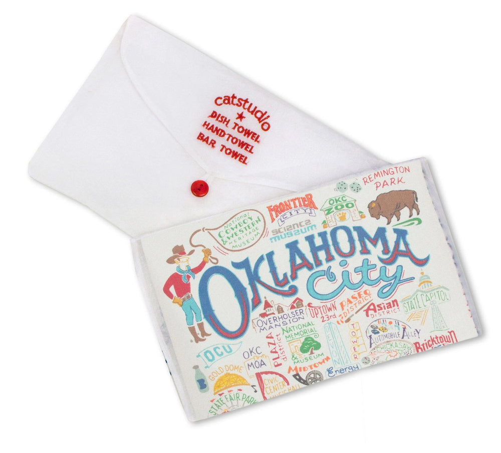 Oklahoma City souvenir towel featuring original silk-screen print and embroidered border