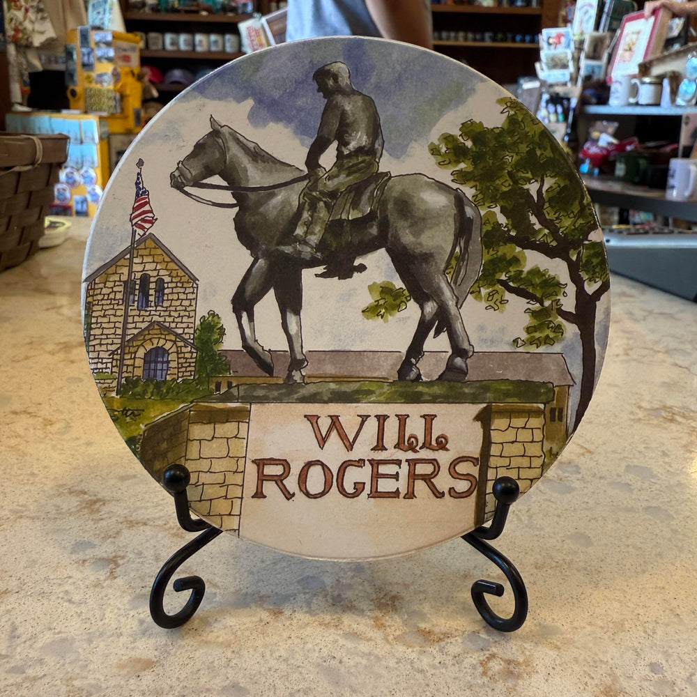 Rustic clay coaster with detailed artistic image of the Will Rogers Monument – handmade Oklahoma gift