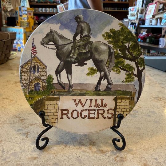 Rustic clay coaster with detailed artistic image of the Will Rogers Monument – handmade Oklahoma gift