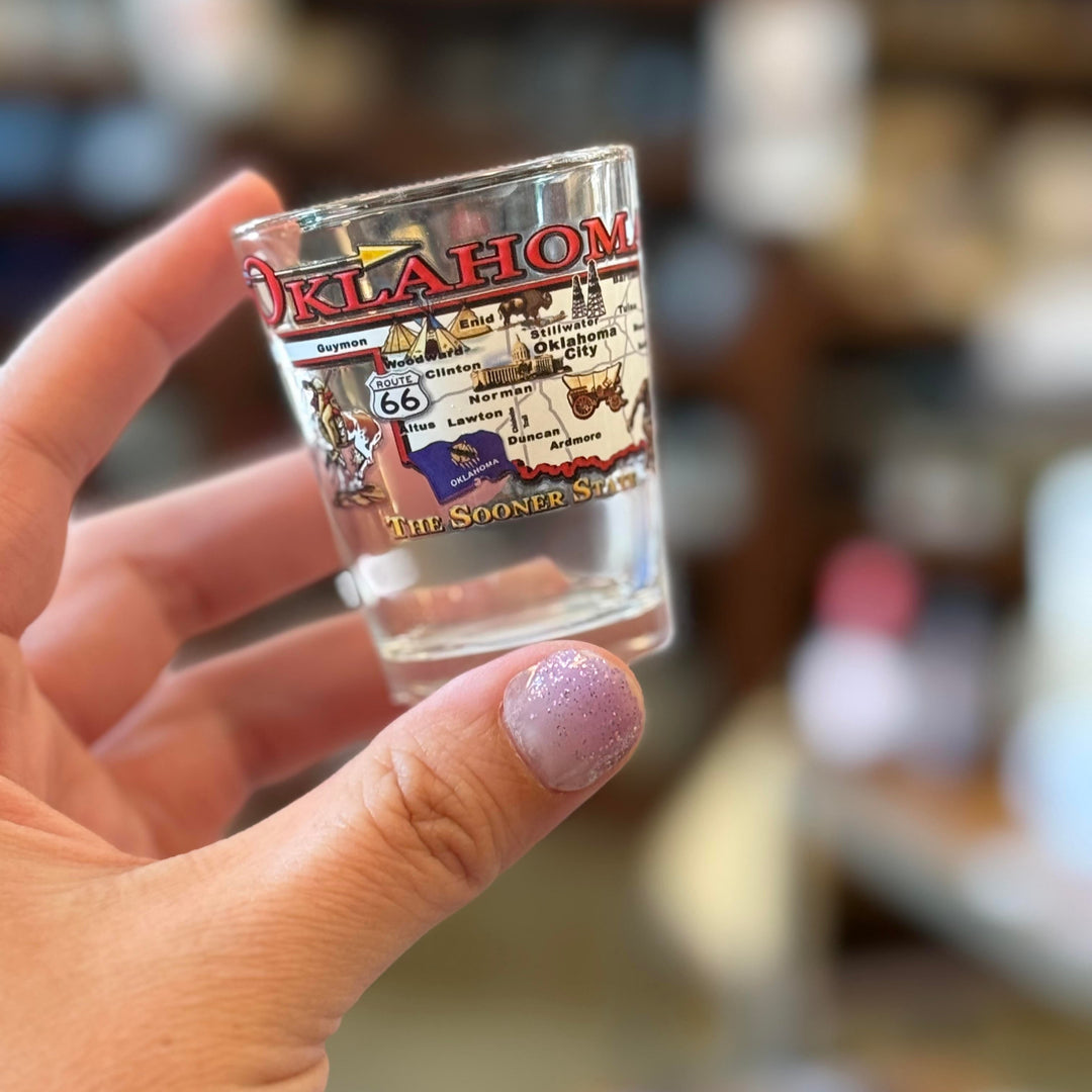 Oklahoma map shot glass with state outline and text – unique Oklahoma gift or travel souvenir