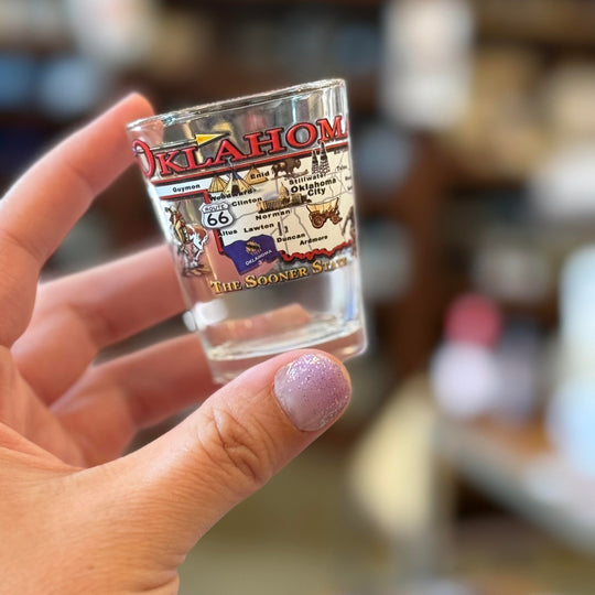 Oklahoma map shot glass with state outline and text – unique Oklahoma gift or travel souvenir