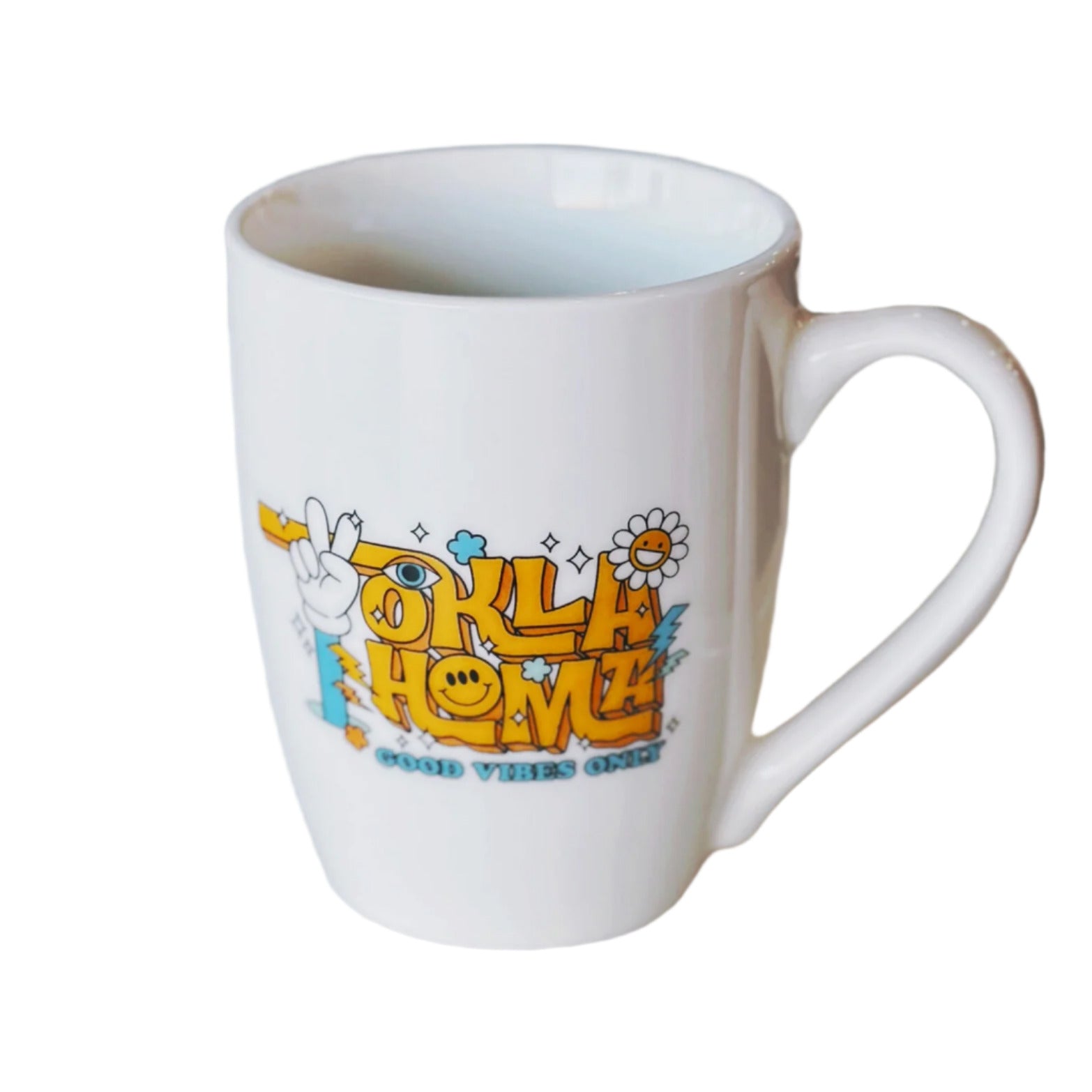White mug with "Oklahoma Good Vibes Only" text and retro peace sign graphic design
