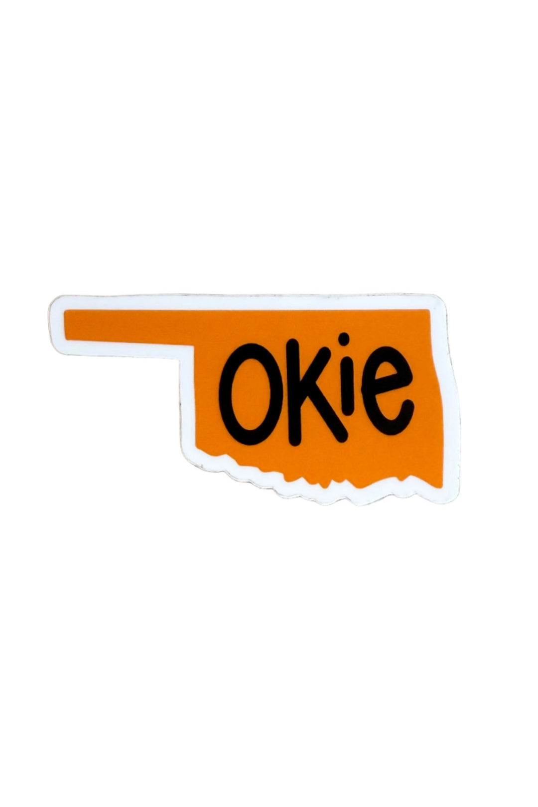 Sticker shaped like Oklahoma with orange background and black “Okie” text – bold state pride souvenir