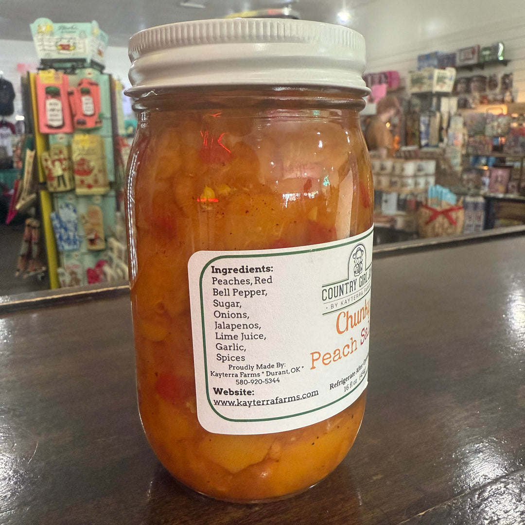 Gourmet peach salsa made in Oklahoma with chunky texture and sweet heat – perfect for food lovers