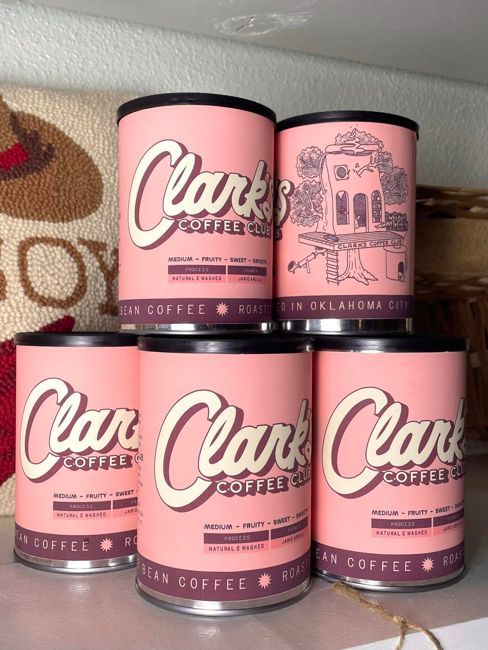 12oz tin of Clark’s Coffee Ida Red Blend, smooth and fruity whole bean coffee from Oklahoma