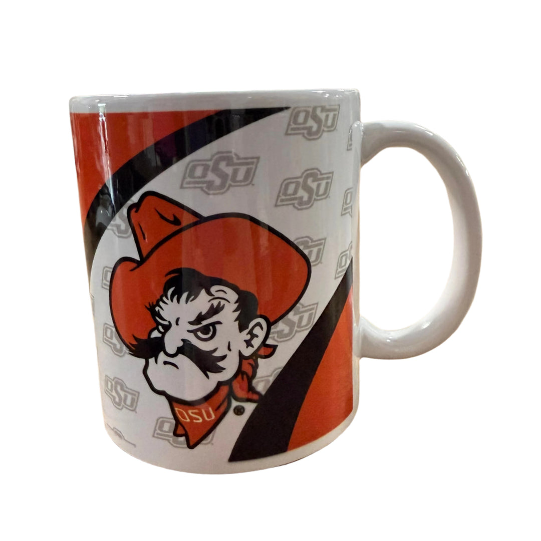 OSU coffee mug in black, white, and orange with Oklahoma State cowboy logo