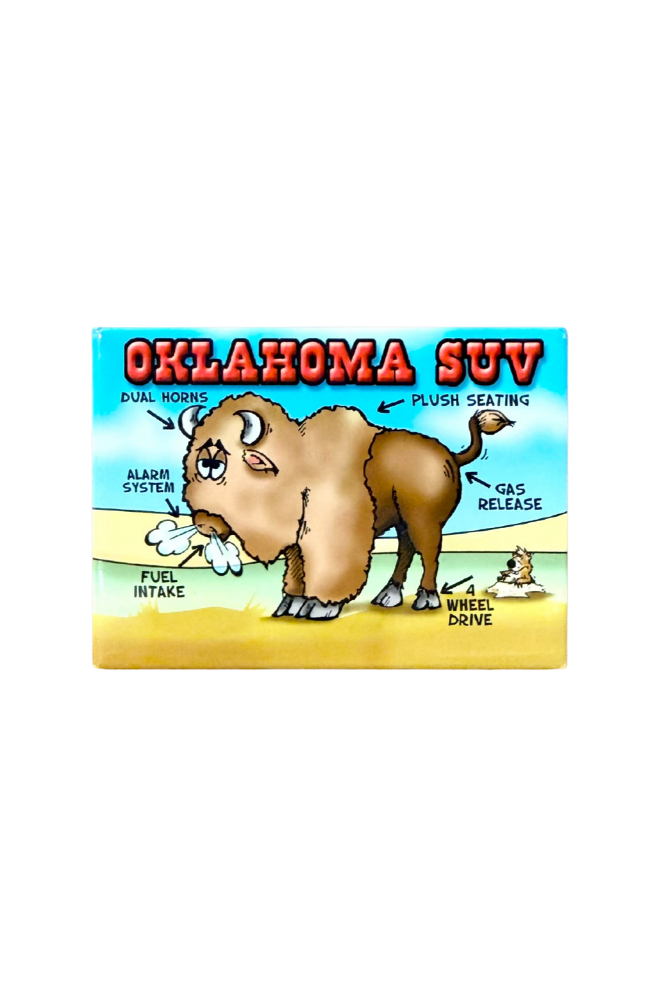 Cartoon Oklahoma SUV magnet showing a buffalo with humorous labeled features like dual horns and four-wheel drive