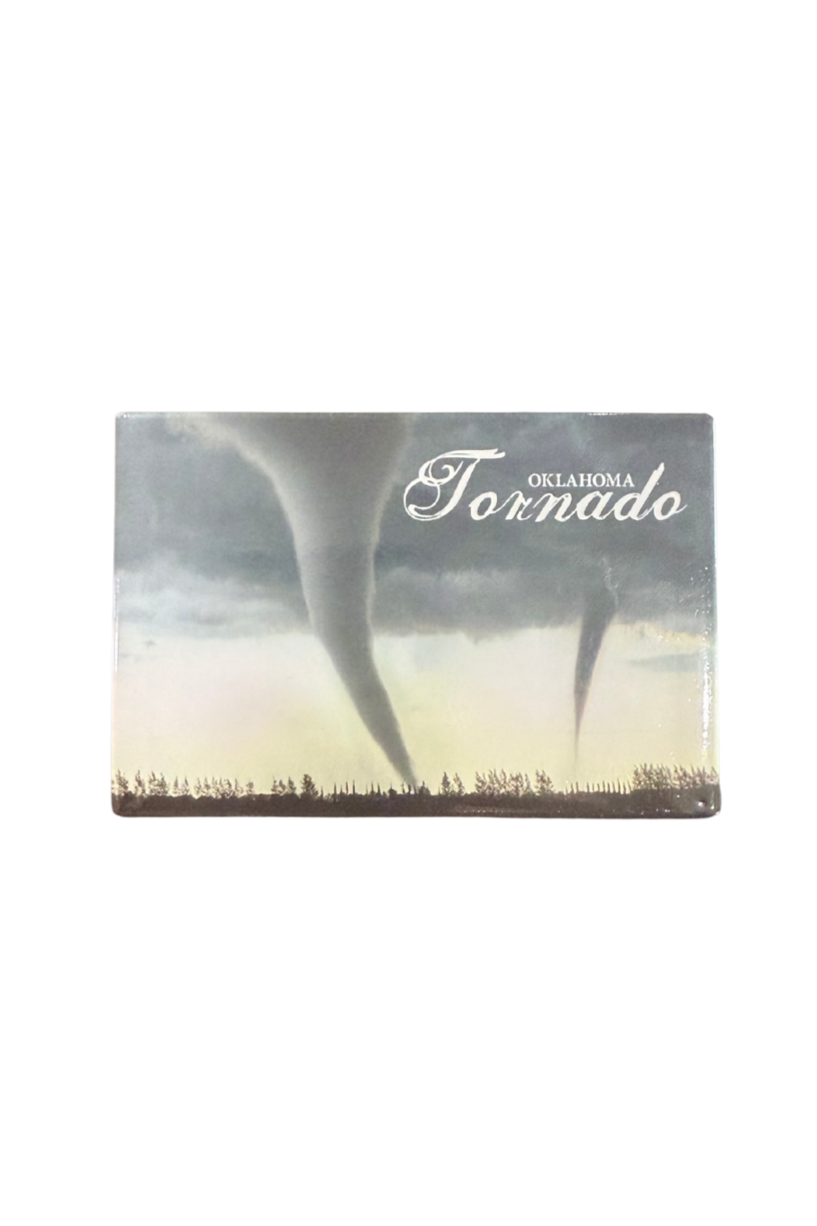 Souvenir magnet with two tornadoes across an Oklahoma landscape and “Oklahoma Tornado” text