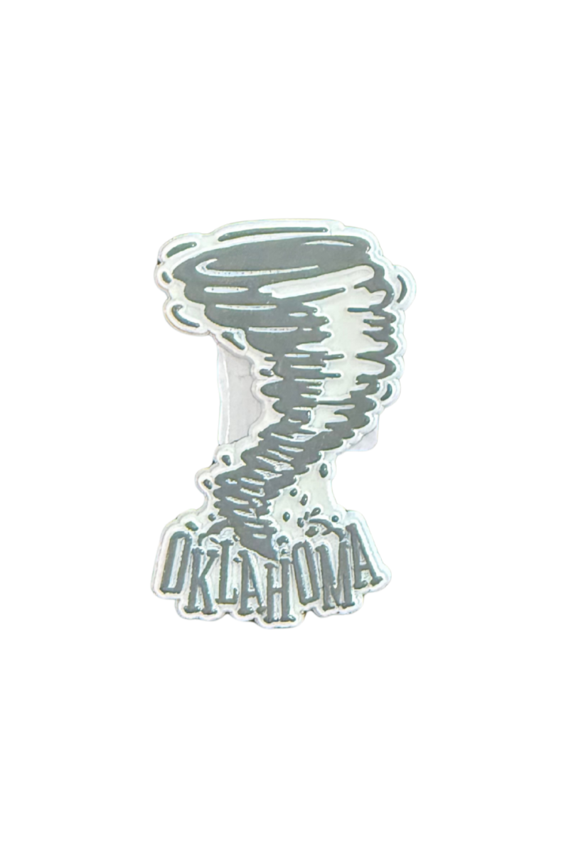 Gray tornado-shaped magnet with “Oklahoma” text at the bottom, storm souvenir design