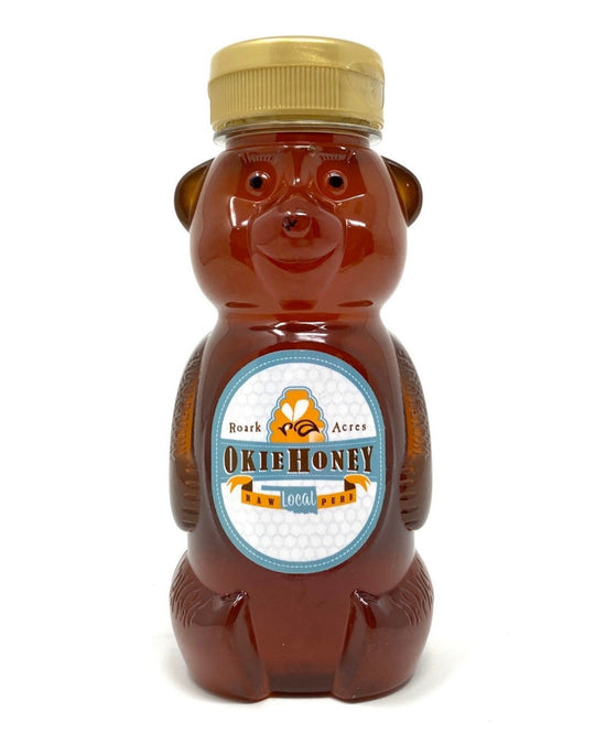 Roark Acres Okie Honey, local Oklahoma wildflower honey in 12oz bear bottle