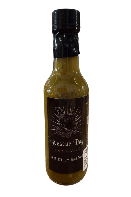 Bottle of Ole Dilly Bastard Hot Sauce by Rescue Dog Hot Sauce, made in Oklahoma with dill pickle flavor