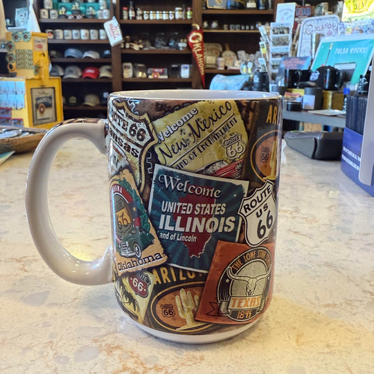 Back view of Route 66 shield mug with retro collage of iconic posters from the historic highway