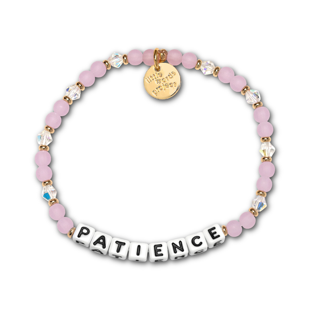 Bracelet with lilac and rhinestone beads and letter beads spelling out "PATIENCE".