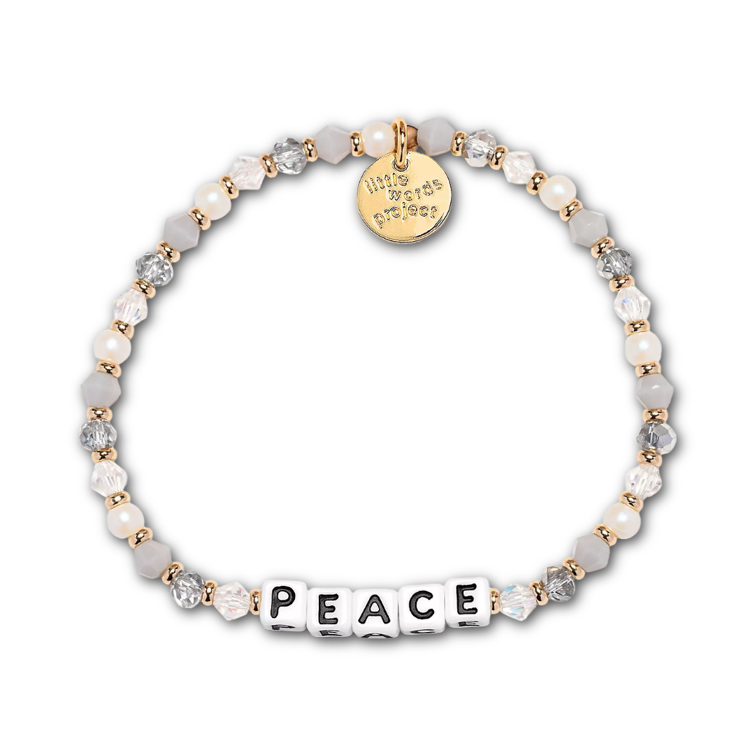 Bracelet with silver and pearl beads and letter beads spelling out "PEACE".