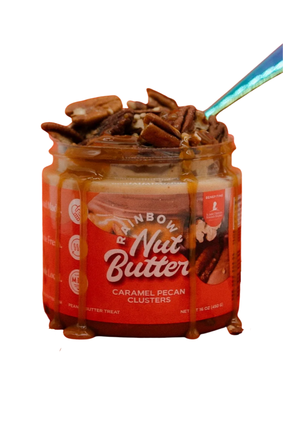 Jar of Rainbow Nut Butter Pecan Chocolate Caramel Cluster Peanut Butter