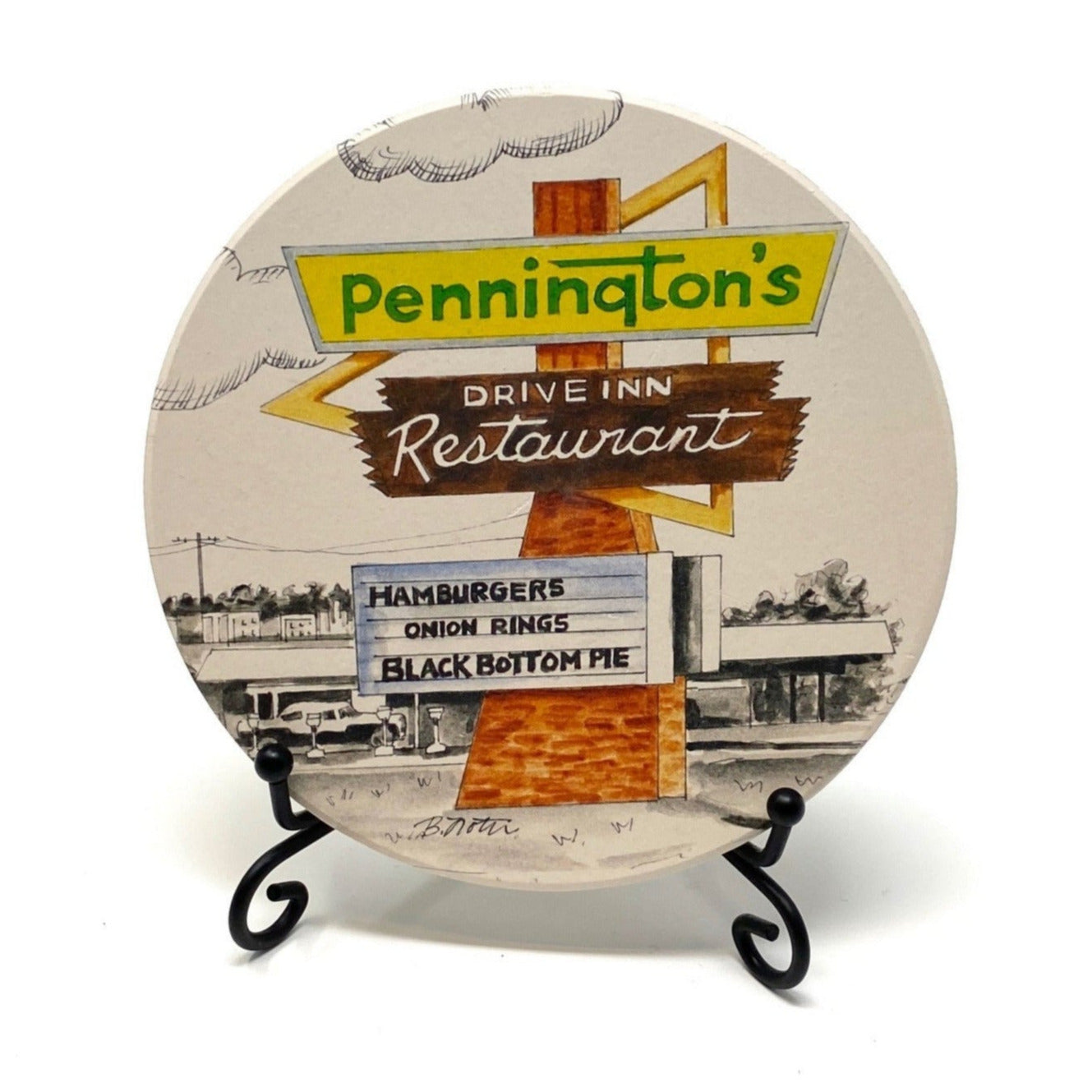Full-color hand-drawn Waterstone coaster featuring Pennington’s Drive-In Restaurant, front view from the Tulsa in Ink collection