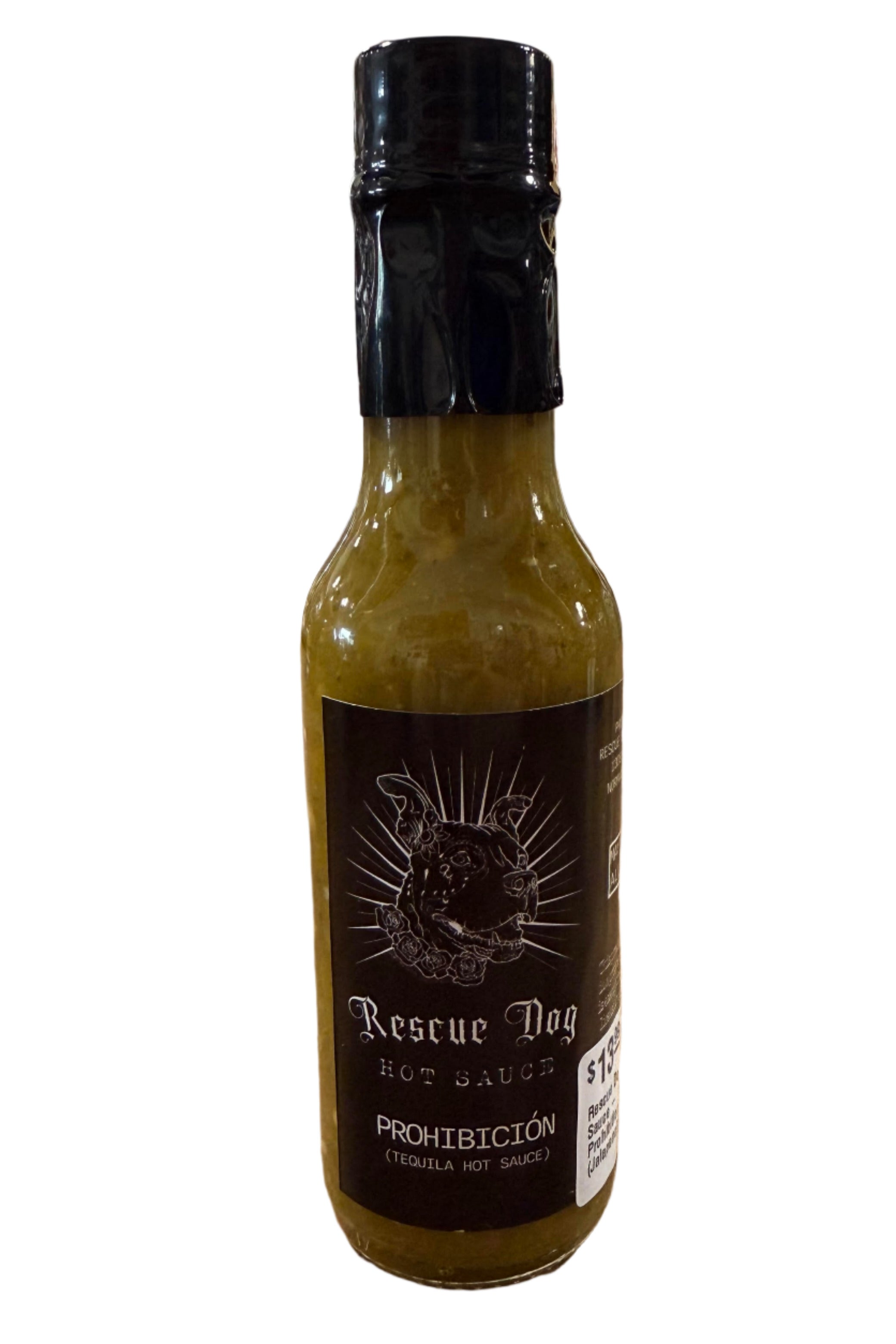 Bottle of Prohibition Jalapeño Hot Sauce by Rescue Dog Hot Sauce, made in Oklahoma